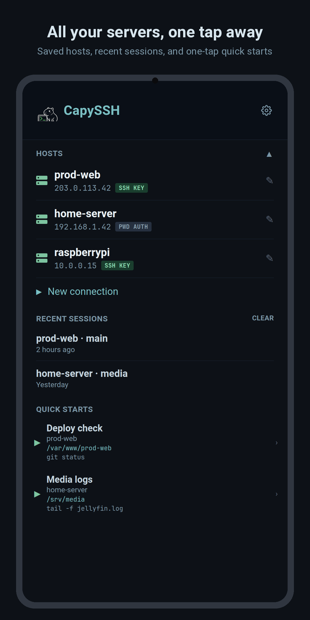 Home screen with saved hosts