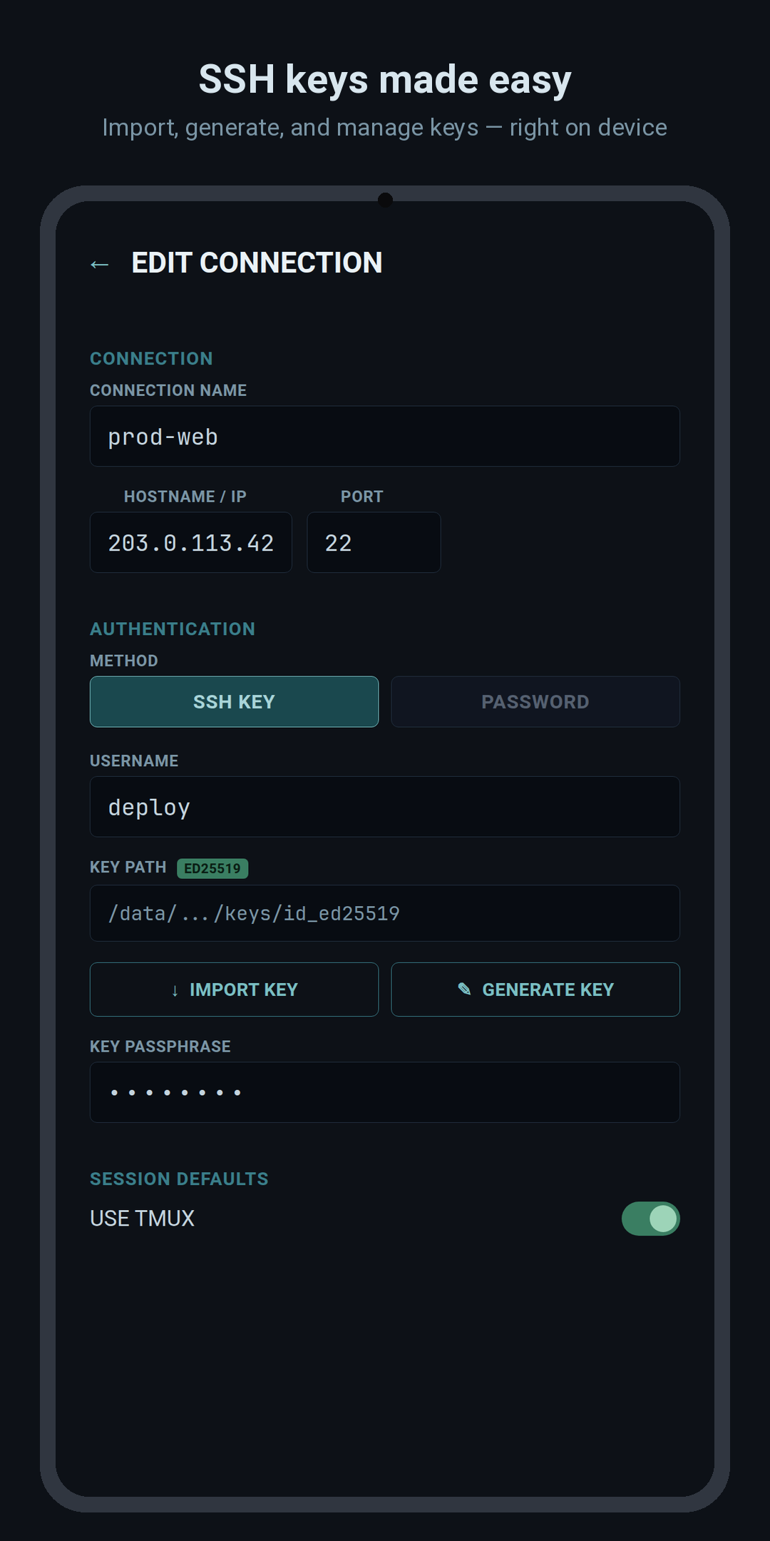 Connection setup with SSH keys